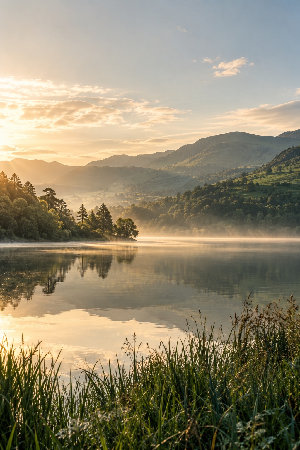 Dawn over a misty lake with green hills and golden sunlight